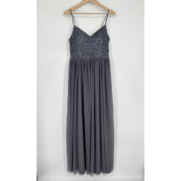 BHLDN Elowen Maxi Dress V Neck Floral Sequin Beaded Tulle Long Formal Gown Steel - Picture 2 of 13